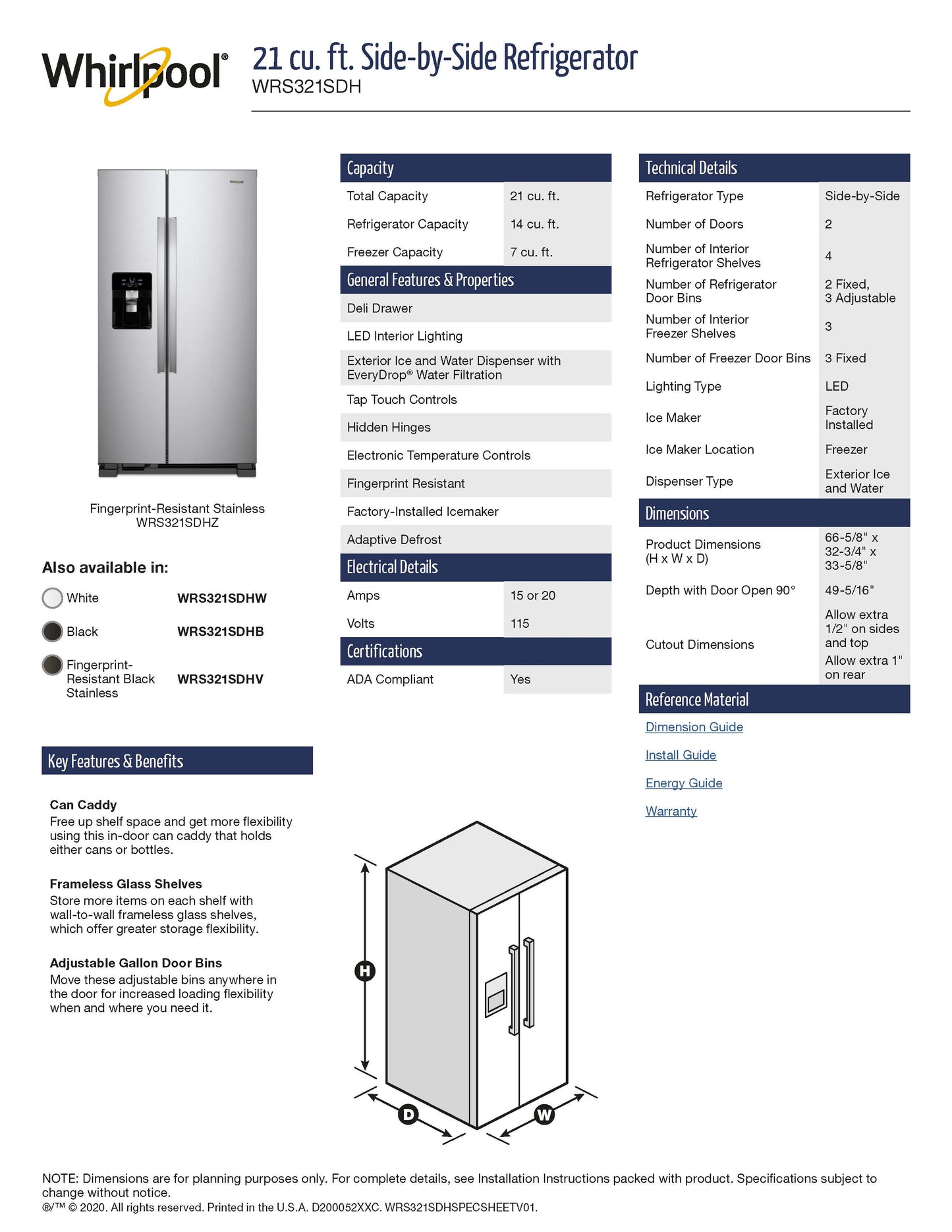 33-inch Wide Side-by-Side Refrigerator - 21 cu. ft.