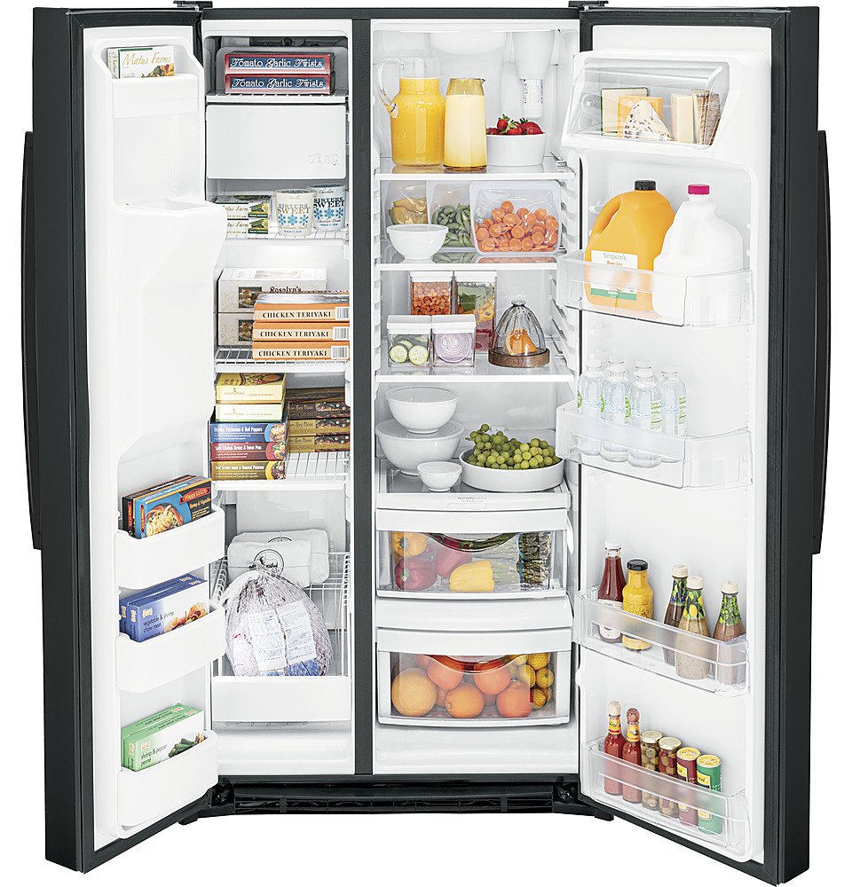 GE - 25.3 Cu. Ft. Side-by-Side Refrigerator with External Ice & Water Dispenser - High Gloss Black