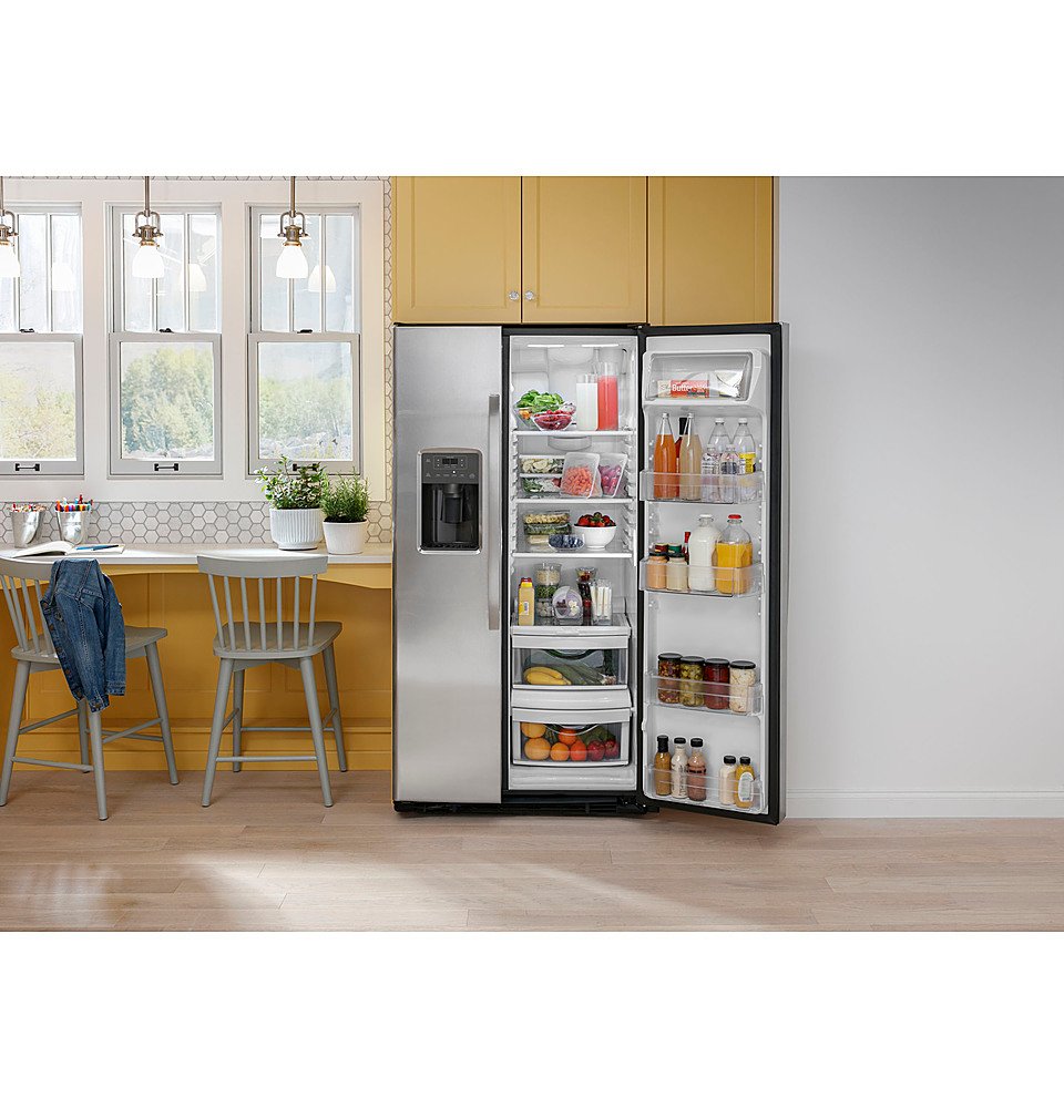 GE - 25.3 Cu. Ft. Side-by-Side Refrigerator with External Ice & Water Dispenser - Stainless Steel