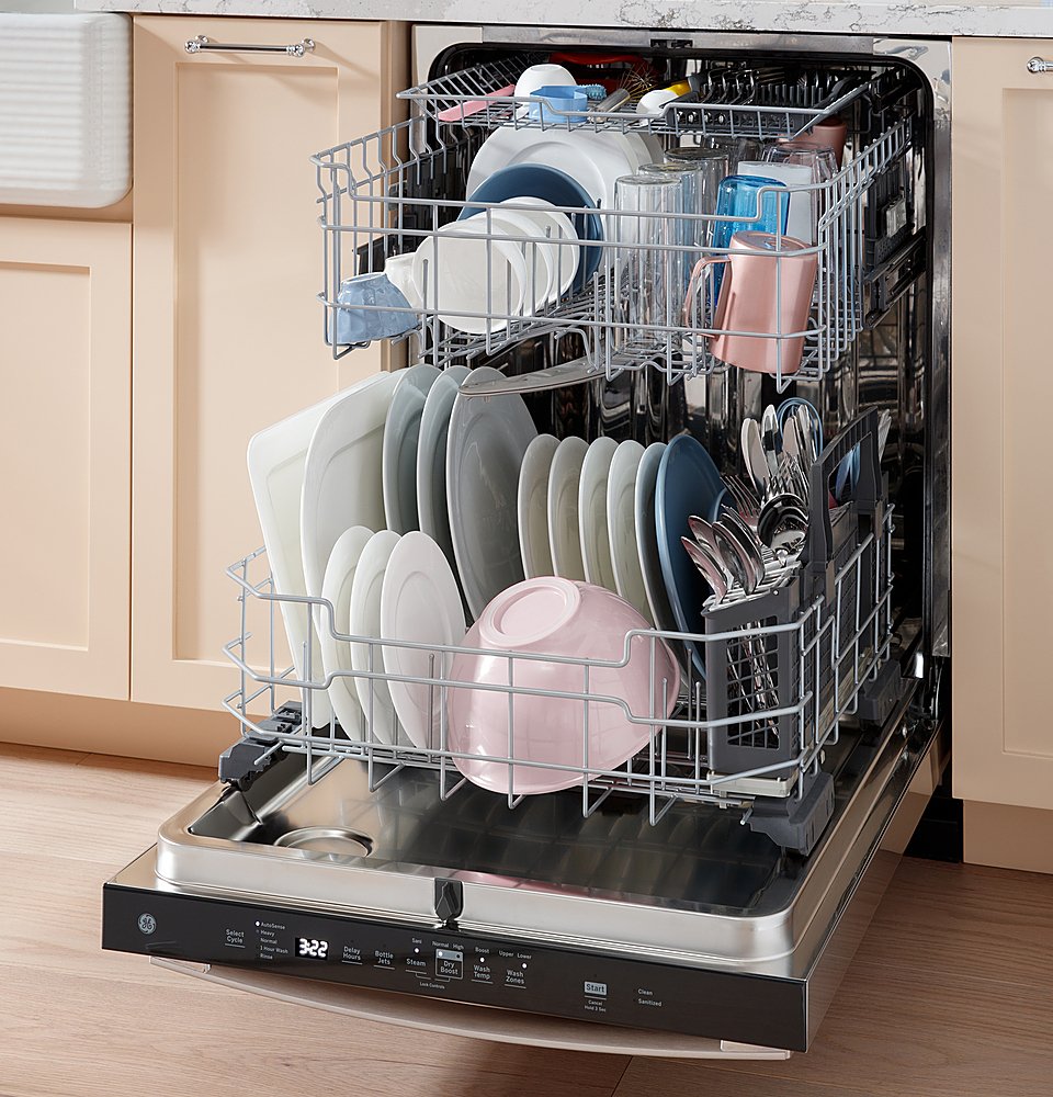 GE - Top Control Fingerprint Resistant Dishwasher with Stainless Steel Interior and Sanitize Cycle - Stainless Steel