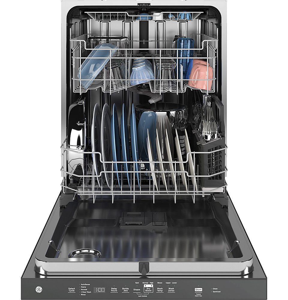 GE - Top Control Dishwasher with Standless Steel Interior and Santize Cycle - Black