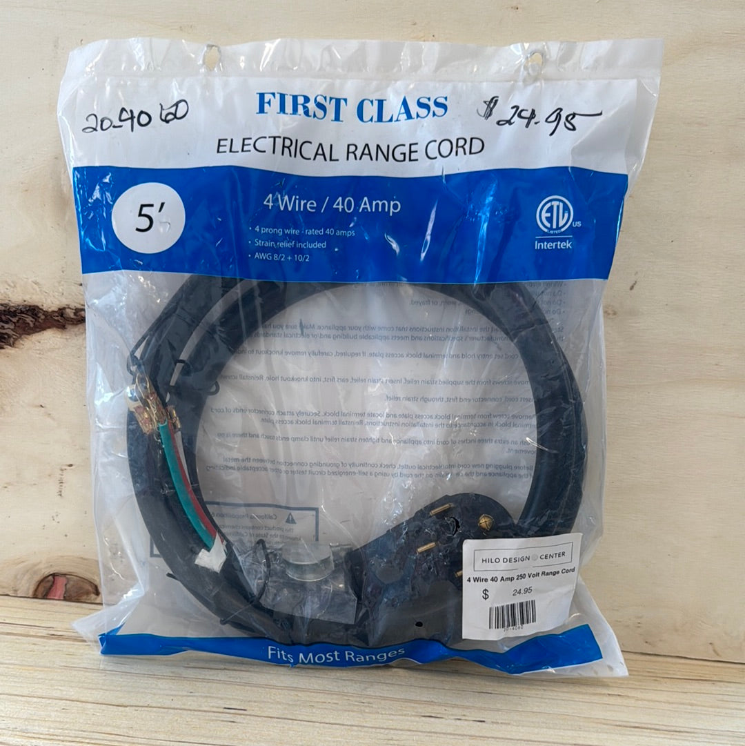 4 Wire 40 Amp 250 Volt Range Cord